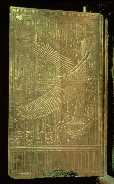 Ízisz istennő a harmadik aranyozott szentély egyik dupla ajtajának belsejéből, Tutanhamon sírjából (Kr. e. 1370-52) Új Királyság (aranyozott fa) alkotó: Egyptian 18th Dynasty