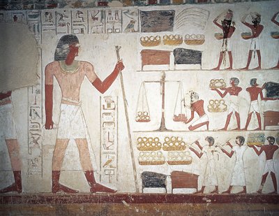 A réz mérlegelése, freskó, Userhat sírja, tanár és írnok II. Amenhotep uralkodása alatt, más néven TT56 sír, Abd el-Qurna sejk, Théba (Unesco Világörökségi Lista) alkotó: Egyptian 18th Dynasty