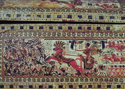 Tutanhamon (Kr. e. 1370-1352) afrikaiakat támadó szekerén, részlet egy láda oldaláról, Új Királyság, ie 1340 körül (festett fa) (lásd: 147998) alkotó: Egyptian 18th Dynasty