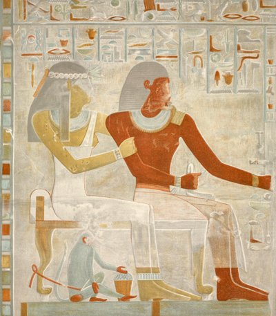 Paheri és felesége, Henut-er-neheh freskó illusztrációja Paheri sírjából az egyiptomi El Kabban, a kép 1895-ben jelent meg (Nyomtatás) alkotó: Egyptian 18th Dynasty