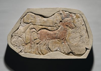 Két szekeret húzó lóból álló szakasz Tell el-Amarnából, Új Királyságból, ie 1353-1336 körül (festett gipsz vakolat) alkotó: Egyptian 19th Dynasty