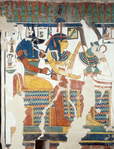 Anubisz, Ozirisz és Nefertari, Nefertari sírjának második kamrájából, részlet (freskó) alkotó: Egyptian 19th Dynasty