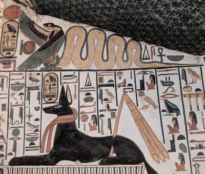 Anubisz és kobra (falfestés) alkotó: Egyptian 19th Dynasty