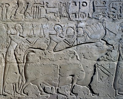 A bányavidékeket szimbolizáló figurák, akik az istennek hódolnak, dombormű, Ramesses II udvara, Amun templom (UNESCO Világörökségi lista). alkotó: Egyptian 19th Dynasty