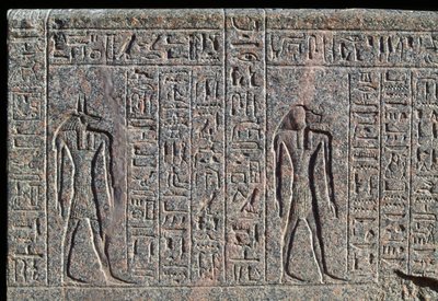 Anubisz ábrázolása, Anubisz és egy másik isten feliratának és domborművének részlete, Amenhotep szarkofágja, Memphisz, Egyiptom, Újbirodalom, XIX. dinasztia. alkotó: Egyptian 19th Dynasty