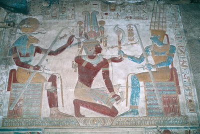 Egyiptom, Abydos, I. Seti fáraó temploma, Ozirisz kápolna, festett dombormű alkotó: Egyptian 19th Dynasty
