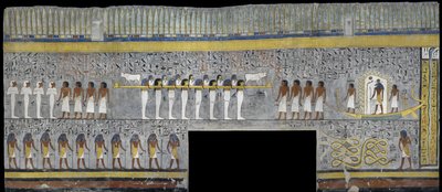 Egyiptom, Théba, Luxor, A Királyok Völgye, I. Ramszesz sírja, Ra falfestmény szoláris kéregben a sírkamrában a 19. dinasztiából alkotó: Egyptian 19th Dynasty