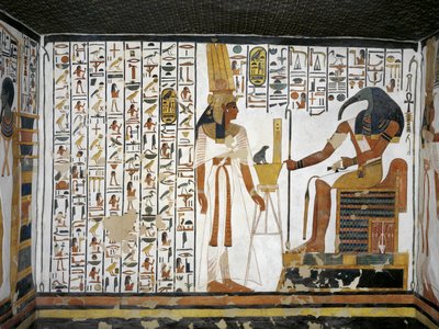 Egyiptom, Théba, Luxor, A Királynők Völgye, Nefertari sírja, az előszoba melléklete, Falfestmények, Thoth isteni írnok előtti királynő alkotó: Egyptian 19th Dynasty
