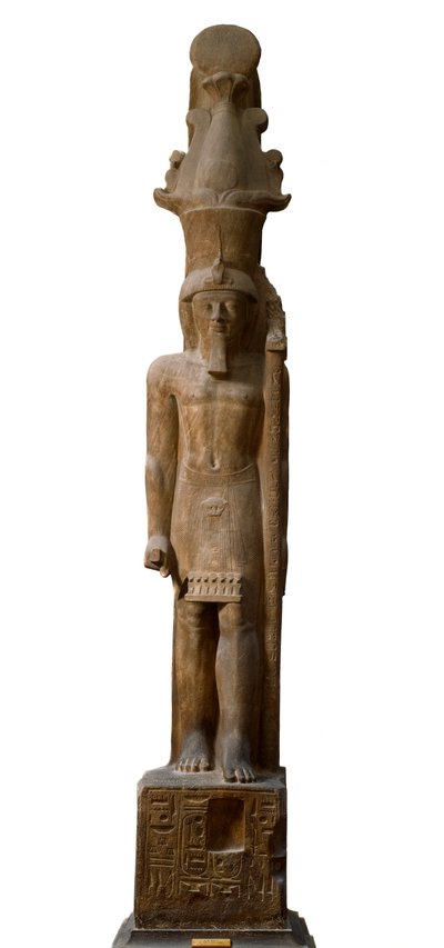 Egyiptomi antikvitás: II. Széti (Seti vagy Sety) fáraó (Kr. e. 1200-1194) rózsaszín gres szobra, Ámon isten szimbólumával, Dim-vel. 465 cm. Torinói Egyiptomi Múzeum. alkotó: Egyptian 19th Dynasty