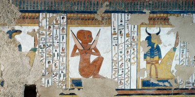 Henty-Reki, Ozirisz Királyság ötödik kapujának őrzője és a negyedik kapu ökörfejű őre, Nefertari sírkamrájának freskói, Queens Valley, Luxor, Théba (Unesco Világörökségi Lista) alkotó: Egyptian 19th Dynasty