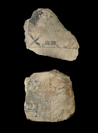 Mészkő ostraca humoros vázlatokkal piros és fekete tintával (fekete-piros tintával festett mészkő) alkotó: Egyptian 19th Dynasty
