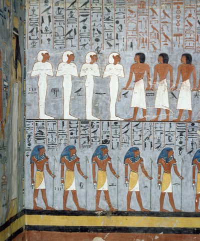 Múmiák és férfialakok, részlet a Ramszesz I. sírjának sírkamrájában, a Királyok Völgye, Luxor, Théba freskóiból (Unesco Világörökségi Lista) alkotó: Egyptian 19th Dynasty