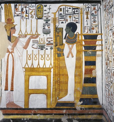 Nefertari vászonfelajánlást tesz Ptahnak, részlet Nefertari sírja keleti melléképületének nyugati faláról (falfestmény) alkotó: Egyptian 19th Dynasty