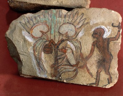Osztrakon, amely egy datolyaszedő majmot ábrázol, akit egy fiatalember figyel, Egyiptom, Nyugat-Theba, Deir el-Medina alkotó: Egyptian 19th Dynasty