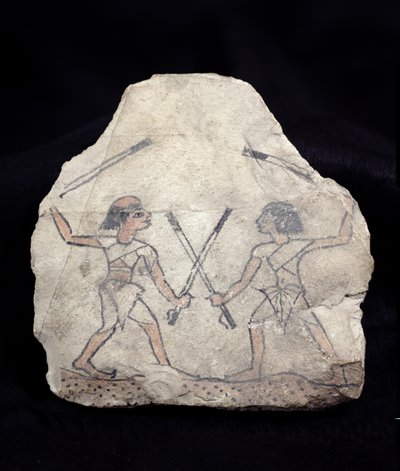 Ostrakon két férfit ábrázol, akik botokkal harcolnak, Deir El-Medinából, Új Királyságból (festett kő) alkotó: Egyptian 19th Dynasty