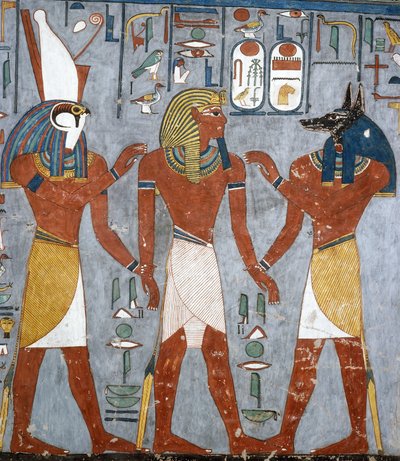 I. Ramszesz Hórusz és Anubisz között, freskó, sírkamra, Ramszesz I. sírja (KV16), Királyok Völgye, Théba (Unesco Világörökségi Lista) alkotó: Egyptian 19th Dynasty