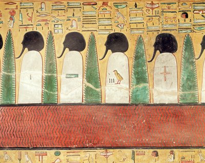Feketefejű isteneket ábrázoló dombormű az alvilágban, I. Seti (Kr. e. 1294-1279) Újbirodalom sírjából (festett mészkő) alkotó: Egyptian 19th Dynasty