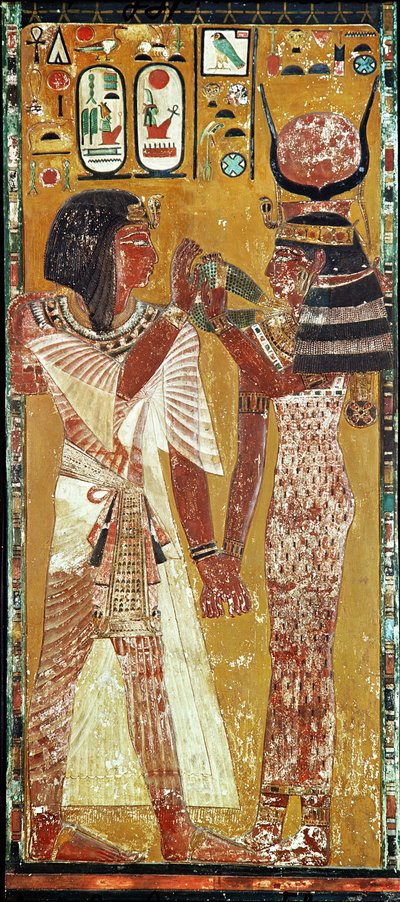 Dombormű, amely Hathor istennőt ábrázolja, amint a mágikus nyakörvet I. Setire helyezi (Kr.e. 1394-1279) Új Királyság (festett mészkő) alkotó: Egyptian 19th Dynasty