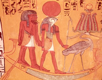 Napelemes barque Re-Horakhtyval, a benu madárral és négy másik istenséggel, Sennedjem sírjából, The Workers Village, New Kingdom (falfestmény) alkotó: Egyptian 19th Dynasty