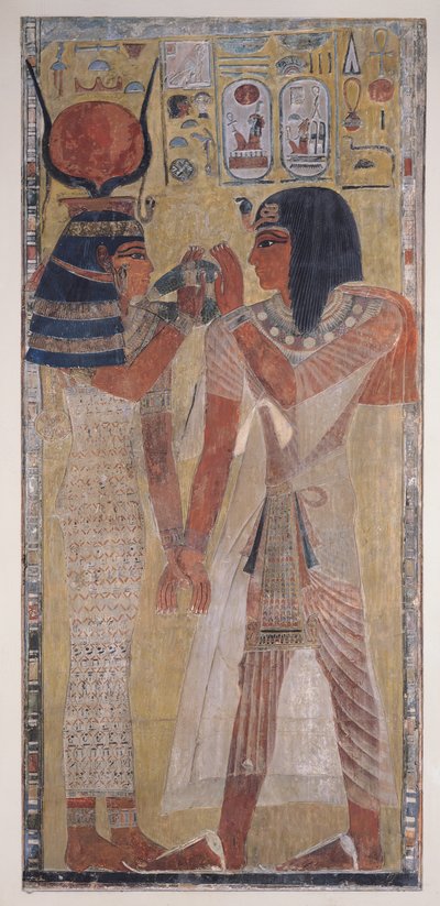 Hathor istennő a mágikus nyakörvet I. Setire helyezi (i.e. 1394-1279 körül), amelyet I. Seti sírjából vettek a Királyok Völgyében, Új Királyságban (festett mészkő dombormű) alkotó: Egyptian 19th Dynasty