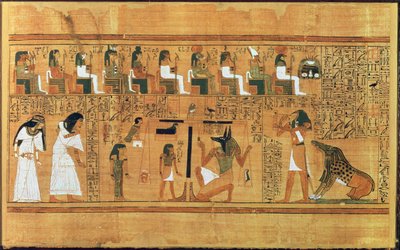 A szív mérlegelése az igazság tollával, az írástudó holtak könyvéből, Kr.e. 1250 körül (festett papirusz) alkotó: Egyptian 19th Dynasty