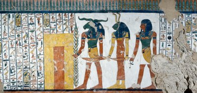 Az Ozirisz Királyság második kapuját őrző három nemzetség, Halottak könyve, 144. fejezet, Nefertari, Queens Valley, Luxor, Théba sírkamrájának freskóiról készült részlet. Egyiptomi civilizáció, Újbirodalom, XIX. dinasztia. alkotó: Egyptian 19th Dynasty
