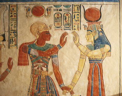 Egyiptom, Luxor, Ókori Théba, Királynők Völgye, Amonherkhopeshaf sírja, III. Ramszesz fáraót ábrázoló festett dombormű Ízisz előtt alkotó: Egyptian 20th Dynasty