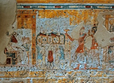 Egyiptomi antikvitás: Shuroy és felesége ábrázolása, akik Ozirisz istent imádják Hórusz négy fia előtt egy papiruszlevélben. Shuroy sírjának festménye (TT13). 20. dinasztia. i.e. 1190-1077 Dra Abu el-Naga nekropólusa, Ciszjordánia alkotó: Egyptian 20th Dynasty