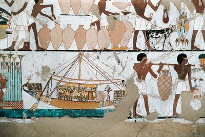 Borfestmény hajón hordó jelenetet ábrázoló falfestmény Újbirodalomból alkotó: Egyptian 20th Dynasty