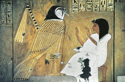A Halottak könyvéből készült jelenet falfestménye, átalakulás Aranysólyommá alkotó: Egyptian 20th Dynasty