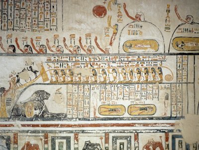 Felvonulás Ra napisten égi hajózása nyomán, Föld könyve, részlet Ramszesz VI sírkamrájának freskóiról, Királyok Völgye, Luxor, Théba (Unesco Világörökségi Lista) alkotó: Egyptian 20th Dynasty