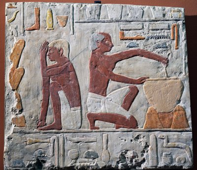Kenyér készítés és sütés, ie 2500-2350 (festett mészkő) alkotó: Egyptian 5th Dynasty