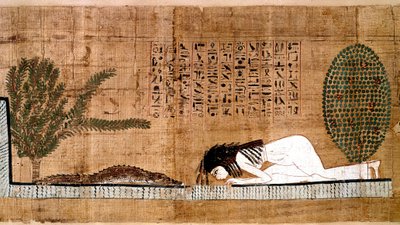 Egyiptomi ókor: egy kihalt képviselő, aki a krokodilt, a fekondita szimbólumát imádja. Papirusz a halottak könyvéből. Kairó, Egyiptomi Múzeum - Ókori Egyiptom: egy elhunyt, aki a krokodilt, a termékenység szimbólumát imádja. A halottak könyvének papirusza. alkotó: Egyptian Egyptian