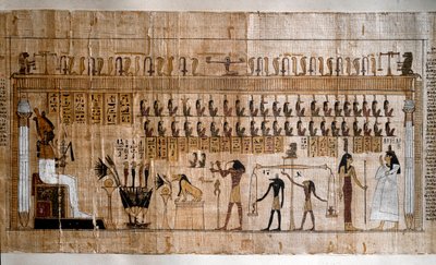 Egyiptomi ókor: a lelkek mérlegelése (pszichosztázis). A halottak könyvének papirusza. Torino, Egyiptomi Múzeum – Ókori Egyiptom: a lelkek mérlegelése (pszichosztázia). Papirusz a halottak könyvéből. Egyiptomi Múzeum, Torino, Olaszország alkotó: Egyptian Egyptian