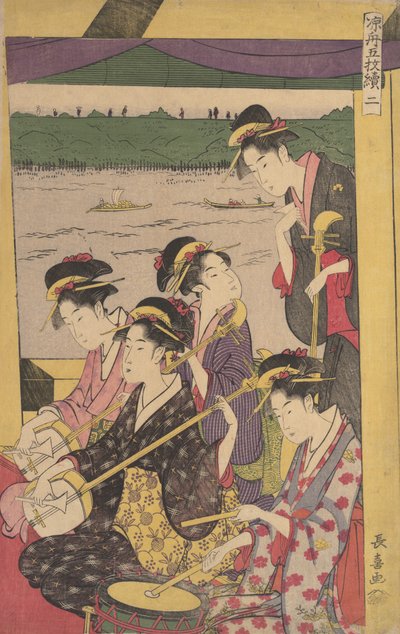 Gésa partija Suzumi-bune, azaz lehűlő csónakban. Egy csónak második jelenete..., kb. 1796. alkotó: Eishōsai Chōki
