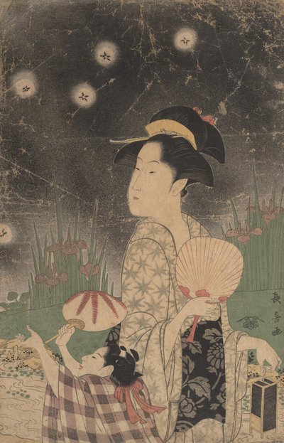 Nő és gyermek szentjánosbogarak fogása, kb. 1793. alkotó: Eishōsai Chōki