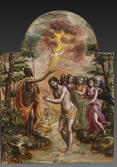 Hordozható oltár: Krisztus keresztségét ábrázoló jobb oldali ajtótábla, 2384586 részlet (tempera grassa a panelen) alkotó: El Greco