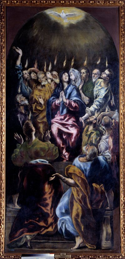 Domenikos Theotokopoulos dit El Greco pünkösdi festménye (1541-1614) 17. század V. 2,75x1,27 m Madrid, Prado Múzeum - Pünkösd. Domenikos Theotokopoulos, El Greco (1541-1614) festménye alkotó: El Greco
