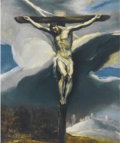Krisztus a kereszten egy tájképben alkotó: El Greco