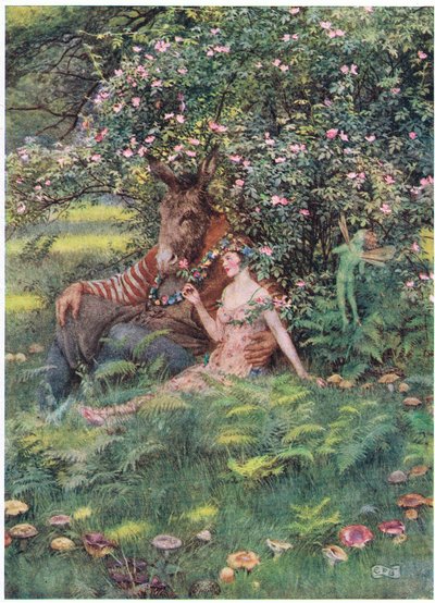 Bottom és Titania: "Gyere, ülj le erre a virágos ágyra" (litho) alkotó: Eleanor Fortescue Brickdale