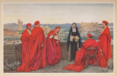 Sienai Szent Katalin a firenzeiek nevében tárgyal XI. Gergely pápával. alkotó: Eleanor Fortescue Brickdale