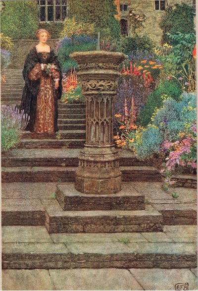 Nő a kertben, illusztráció a Stodder és Houghton által kiadott „The Book of Old English Songs and Ballads”-ból, 1910 körül (színes litó) alkotó: Eleanor Fortescue Brickdale
