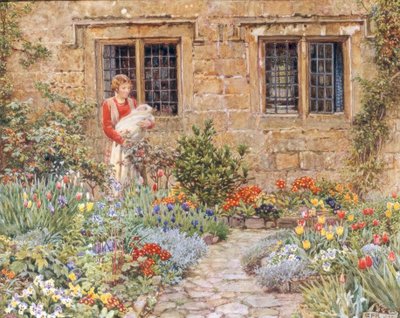 Anya és gyermeke egy virágos kertben alkotó: Eleanor Fortescue Brickdale