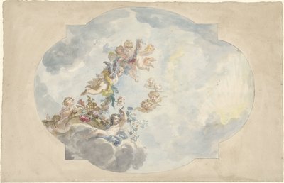 Mennyezeti festmény dizájn puttival, virágokkal és füzérekkel alkotó: Elias van Nijmegen (possibly)