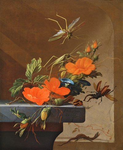 Egy csokor rózsa, hajnali dicsőség és mogyoró szöcskékkel, szarvasbogárral és gyíkkal alkotó: Elias van den Broeck
