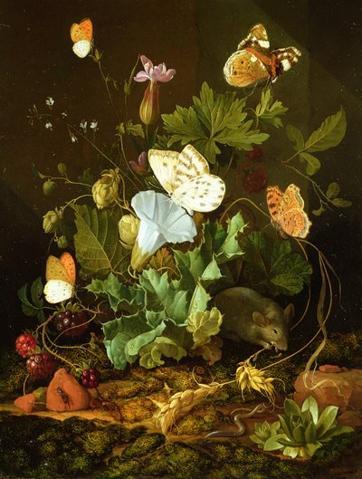 Erdőalj csendélete virágokkal, egérrel és pillangókkal alkotó: Elias van den Broeck