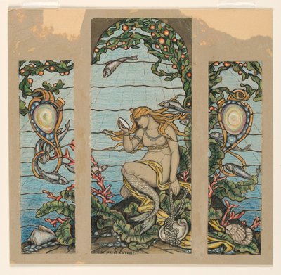 Rajz, "The Mermaid Window", terv az A.H. Barney rezidencia üvegfestmény ablakához, New York, NY, 1882. alkotó: Elihu Vedder