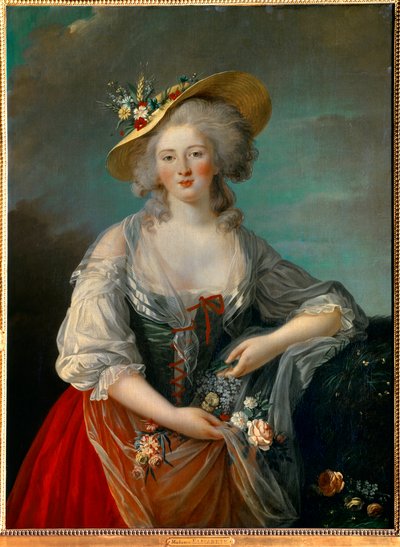 Erzsébet Fülöp-szigeteki Marie Helene (1764-1794), Madame Elisabeth (1764-1794), az 1782-ben ábrázolt XVI. Lajos nővére portréja, a francia Erzsébet portréja virágokat bemutató vidéki jelmezben Marie Elisabeth festménye Louise Vigee Le brun (vagy Vigee-Leb alkotó: Elisabeth Louise Vigee Lebrun