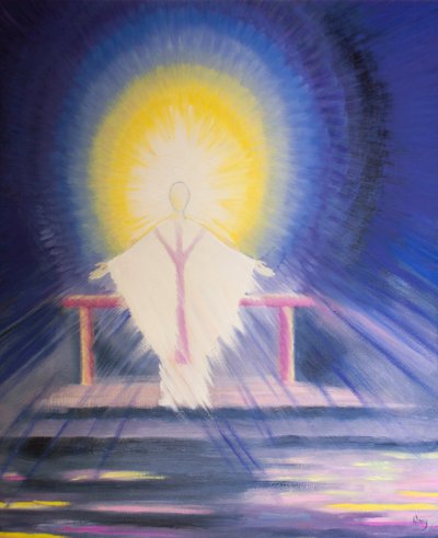 A szentmise után Jézus Krisztus, igaz Isten és igaz ember, jelen van velünk teljes dicsőségében, 2000 (olaj a fedélzeten) alkotó: Elizabeth Wang