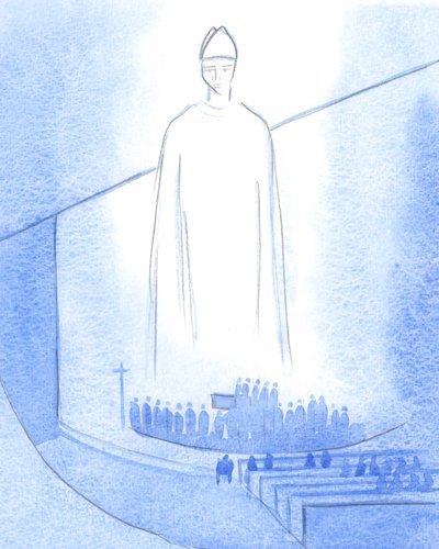 Amikor egy új pap kezeit felkenték ("Jézus óvjon meg téged?"), Krisztus, a mi püspökünknek öltözve, a szentélyben állt, 2001 (papíron). alkotó: Elizabeth Wang